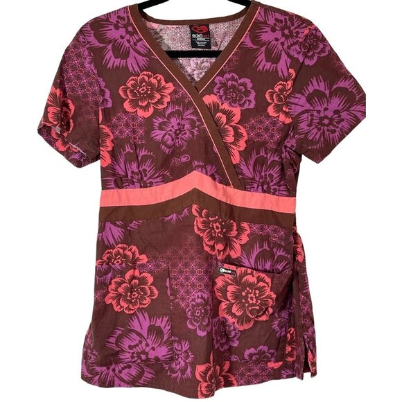 Ecko red short sleeve shirt scrubs flora pockets v neck cotton pink medium READ - Picture 1 of 13